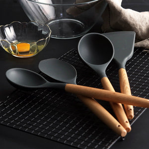 Silicone Cooking Tools with Heat Resistant Wooden Handle